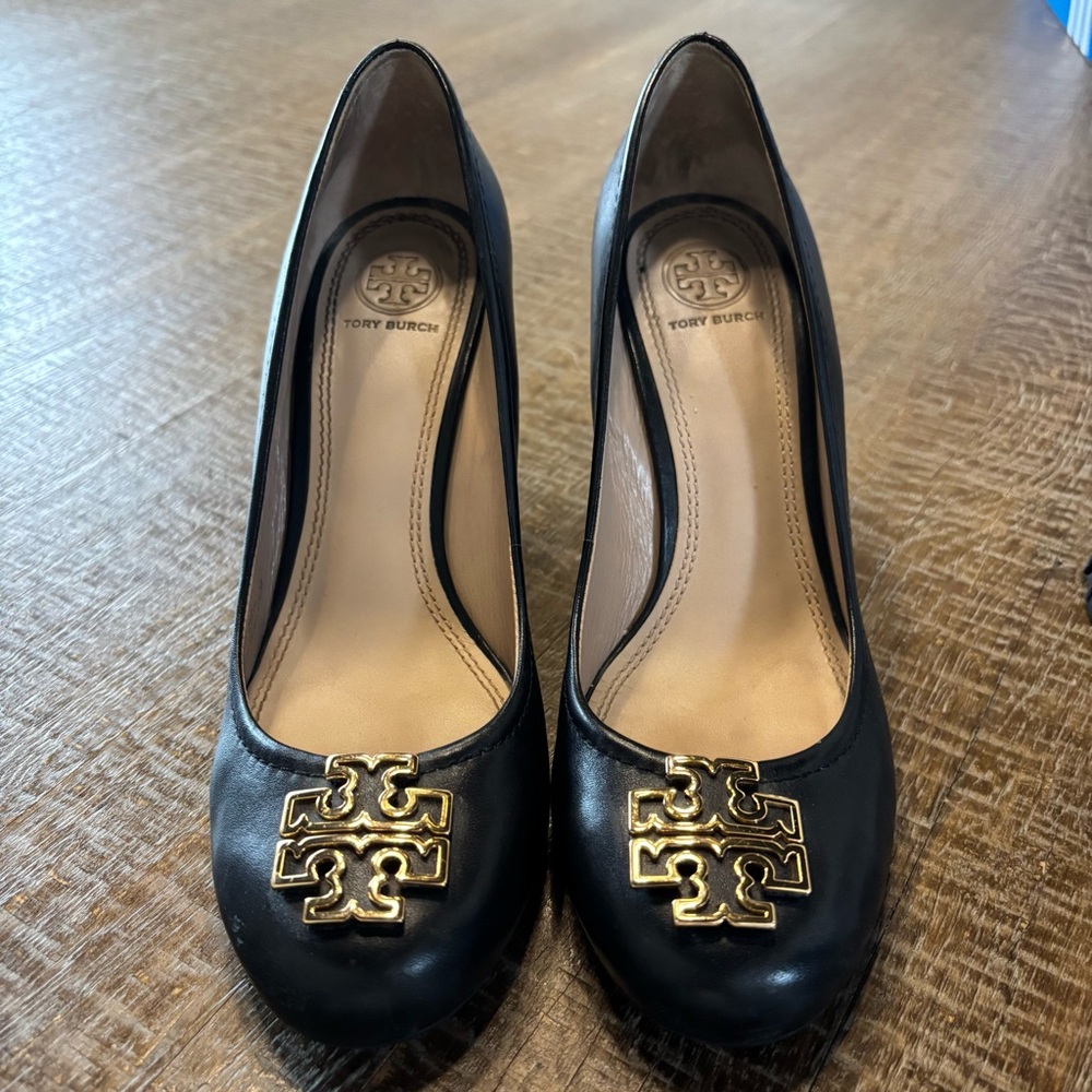 Tory Burch Black Wedge Heels with Gold Logo